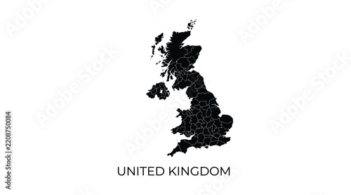 United Kingdom map silhouette with detailed regional boundaries and bold black design, isolated on white background for geography and travel concepts.