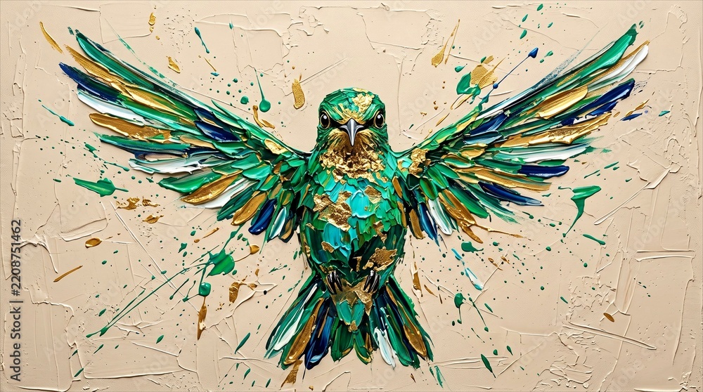 Fototapeta premium Symmetrical Front View Emerald Green Hummingbird Impasto