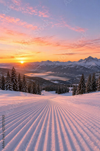 Freshly groomed ski slope corduroy snow with pine forest, mountains at colorful winter sunrise at ski resort