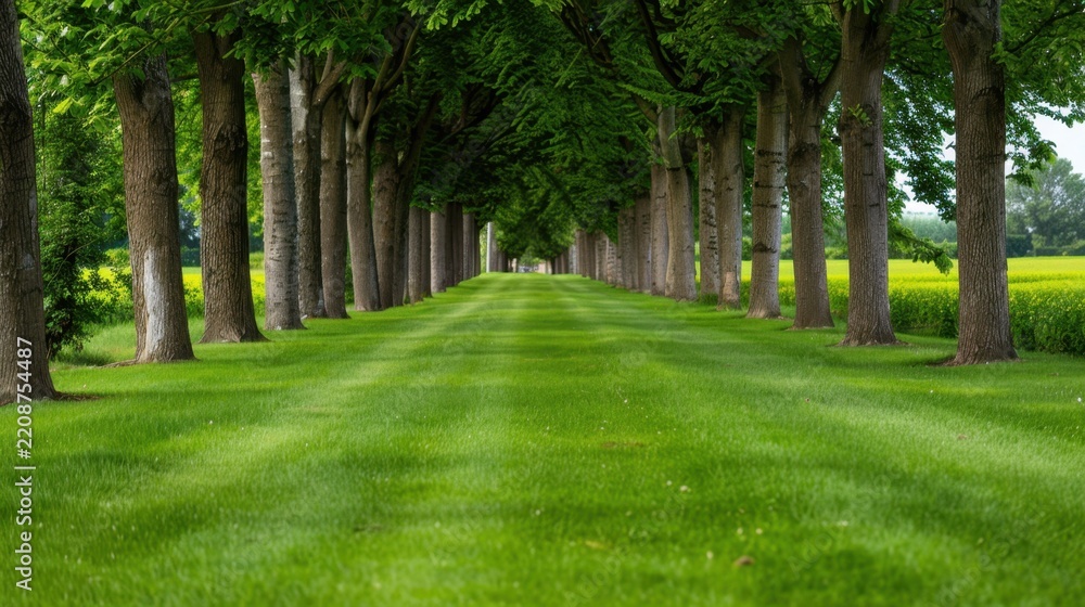Obraz premium Tranquil Tree-Lined Pathway Surrounded by Lush Green Grass and Vibrant Fields in a Serene Natural Landscape