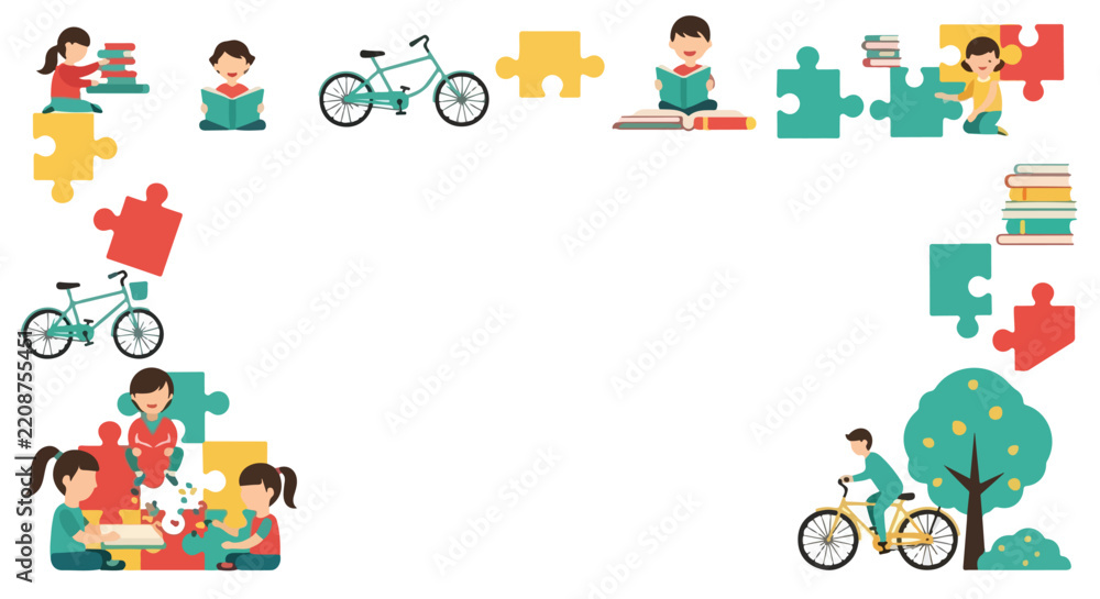 Fototapeta premium A colorful educational frame featuring children reading books, solving puzzle pieces, and riding bicycles around a blank space.