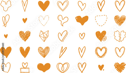 Collection of colorful hand drawn heart illustrations on a white background