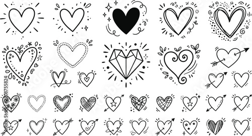 Collection of hand drawn black and white heart stamps and illustrations