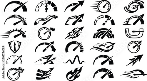 Collection of black and white hand drawn speedometer and arrow icons