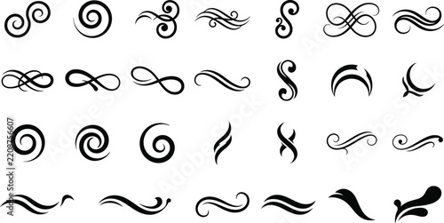 Collection of black and white swirls and abstract decorative elements