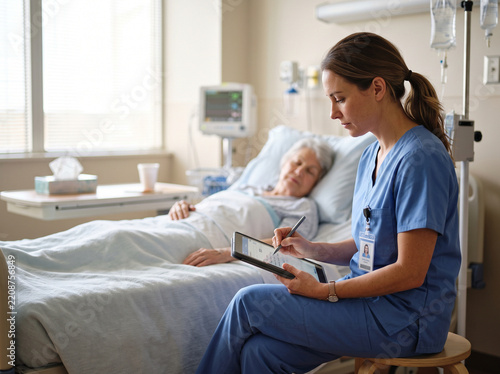 Nurse Updating Digital Patient Chart on Tablet at Hospital Bedside with Elderly Patient