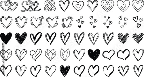 Collection of hand drawn heart shapes grunge style black and white