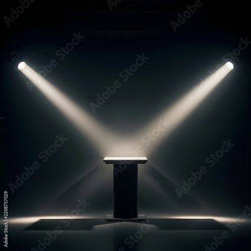Empty black stage podium or speaker stand illuminated by two converging spotlights on a dark background