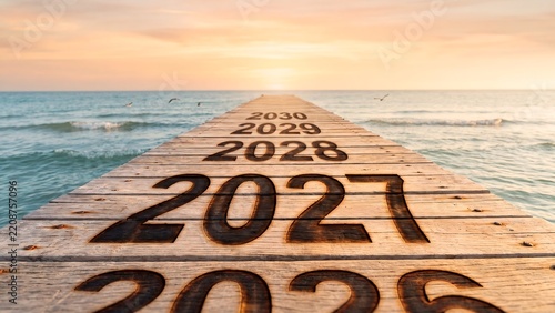 Pier of wooden planks with burned 2026 2027 2028 2029 2030 numbers leading to sea horizon at sunset, new year future path concept photo for travel banner, motivation poster and presentation
