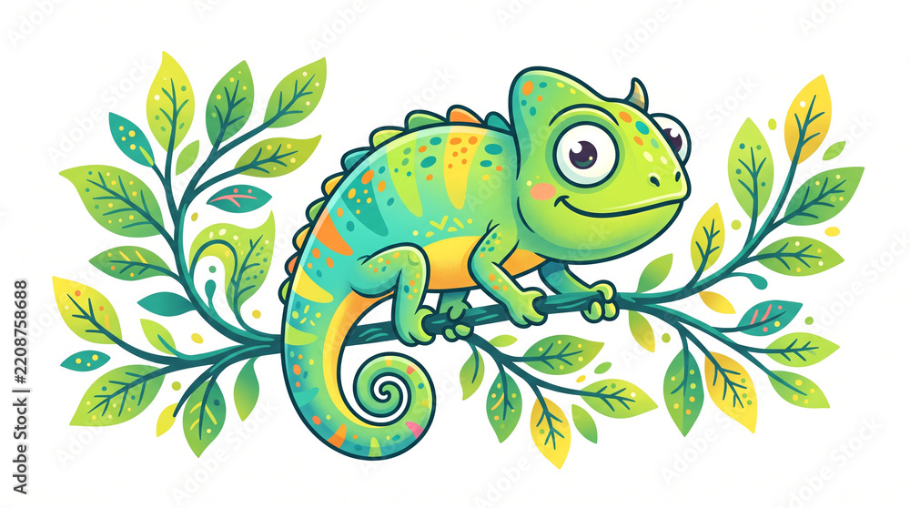 Fototapeta premium Cute green chameleon sitting on a leafy branch illustration in vibrant tropical colors