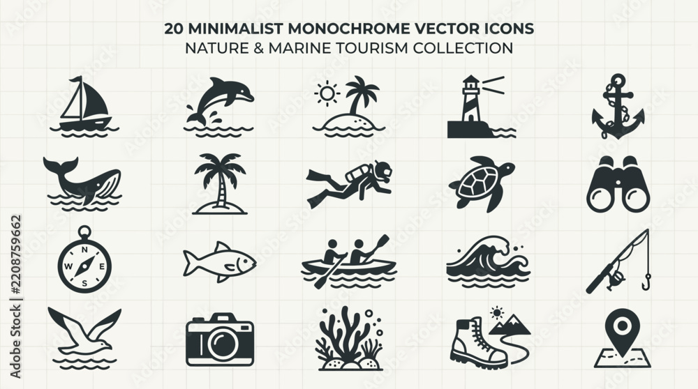 Fototapeta premium 20 Nature and Marine Tourism Vector Icon Set, Ocean Adventure, Beach Vacation, Nautical Travel Minimalist Monochrome Glyph Icons