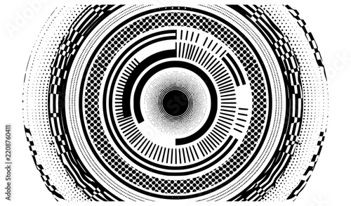 Asymmetric Black Radial Halftone Rings Vector Pattern with Expanding Wave Effect