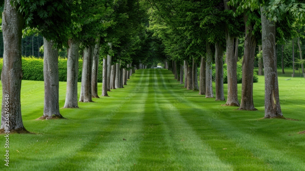 Obraz premium Serene Pathway Surrounded by Lush Green Trees and Well-Maintained Lawn in a Peaceful Landscape Setting