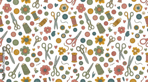 Sewing Craft Pattern: Scissors, Thread Spools, Buttons & Flowers - Whimsical Textile Design