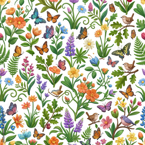 Vibrant Floral Pattern with Butterflies and Birds