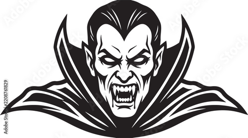 Gothic vampire face with sharp fangs and cape outline illustration