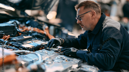 A skilled mechanic working meticulously on electric car components in a modern workshop, showcasing focus and expertise in the evolving automotive industry.