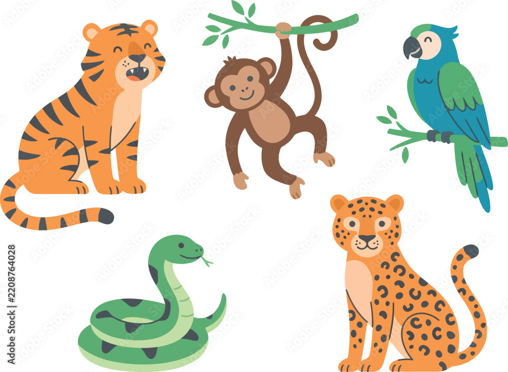Obraz premium A collection of cute cartoon jungle animals including a tiger monkey parrot snake and leopard.