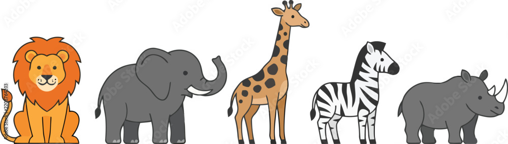 Obraz premium A collection of cute cartoon wild animals including a lion elephant giraffe zebra and rhinoceros.