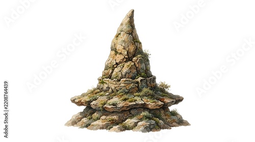 Detailed watercolor illustration featuring a unique pointy rock formation covered with tiny green moss patches and dry vegetation against a plain white background for design