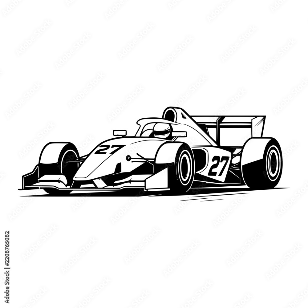 Obraz premium Formula 1 Race Car: A sleek, aerodynamic Formula 1 racing car, depicted in a bold black and white illustration, poised for speed on the track. Number 27 emblazoned on its side.