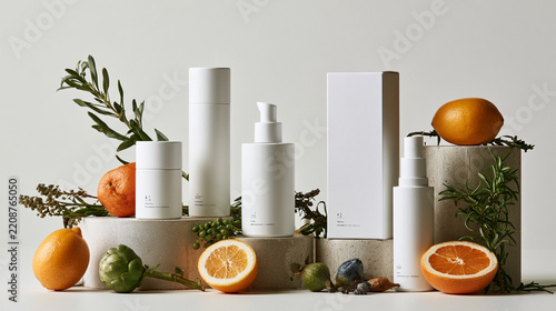 This elegant arrangement showcases a collection of skincare products accompanied by fresh fruits. The clean design and natural elements promote a sense of wellness and beauty.