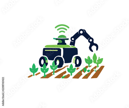 Agricultural Robot Harvesting Crops Vector Illustration for Smart Farming Technology and Modern Precision Agriculture Concept Design