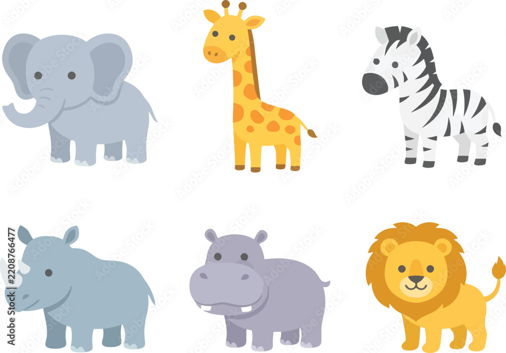 Obraz premium A collection of cute cartoon safari animals including an elephant giraffe zebra rhino hippo and lion.