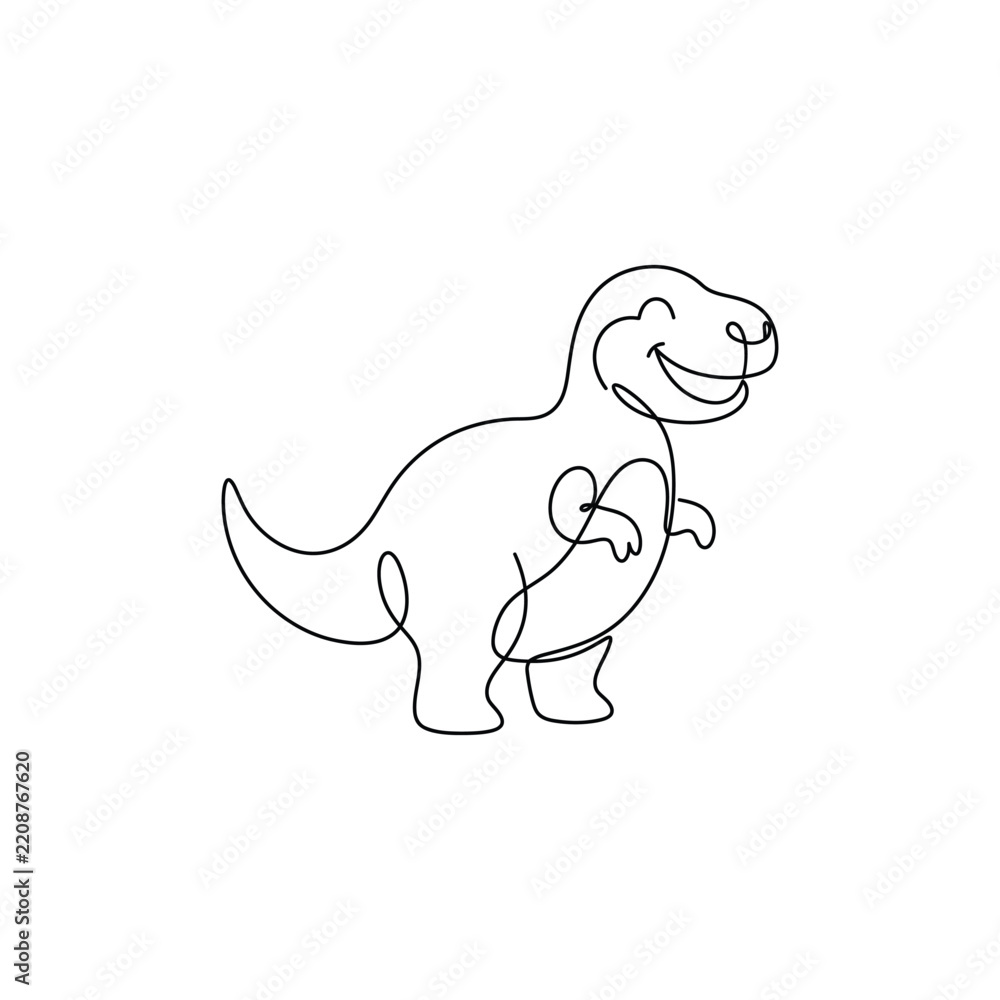 Fototapeta premium Minimalist One Line Drawing of a Cute Smiling T-Rex Dinosaur