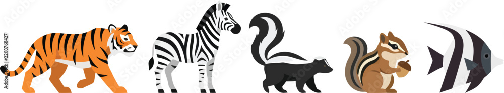 Obraz premium A collection of various wild animals including a tiger zebra skunk chipmunk and fish.