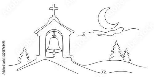 Simple line art church with bell under crescent moon