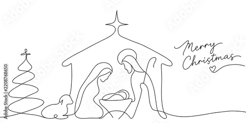 Minimalist Christmas Nativity Scene One Line Art Drawing with Merry Christmas Text Vector Illustration