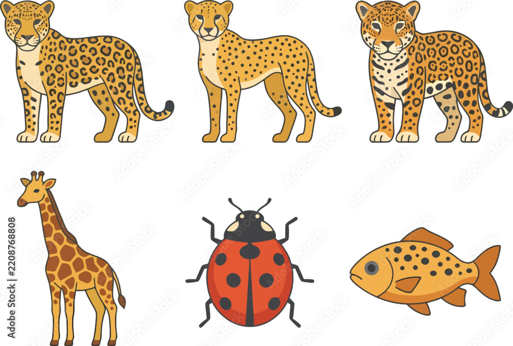 Obraz premium A collection of colorful hand drawn cartoon animals including leopards a giraffe ladybug and fish.