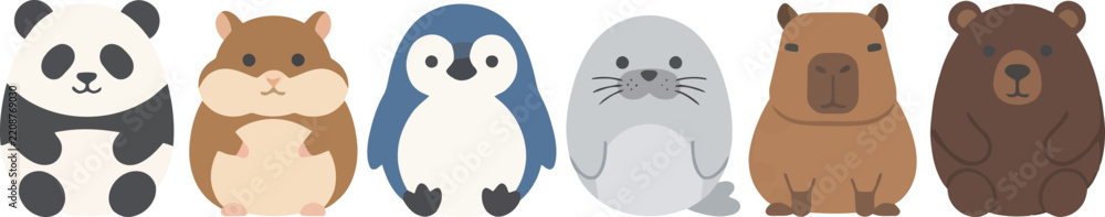 Obraz premium A collection of cute cartoon animals including a panda hamster penguin seal capybara and bear.