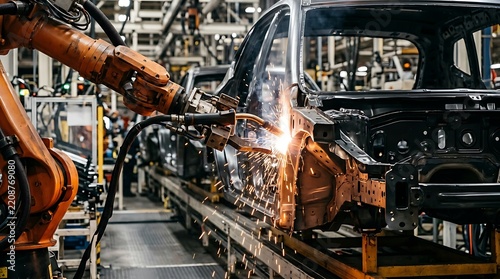 Close-up of a robotic arm gripper carrying out precision welding on an automotive chassis along a modern vehicle manufac