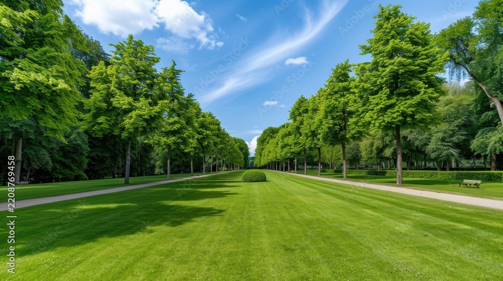 Fototapeta premium Lush Green Park Pathway Surrounded by Tall Trees and Clear Blue Sky under Sunlight on a Pleasant Day