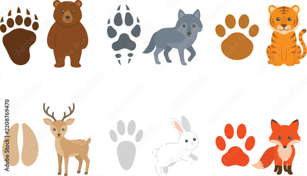 Fototapeta premium Collection of various wild animal characters paired with their unique footprints.