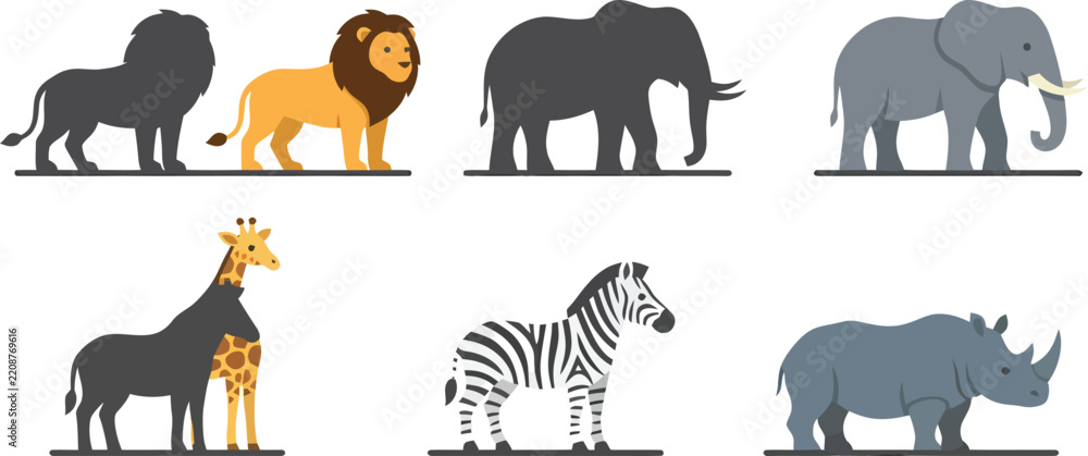 Obraz premium A collection of African safari animals featuring silhouettes and colored illustrations.