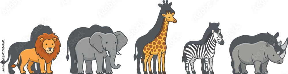 Obraz premium A colorful illustration featuring a collection of wild African safari animals standing in a row.