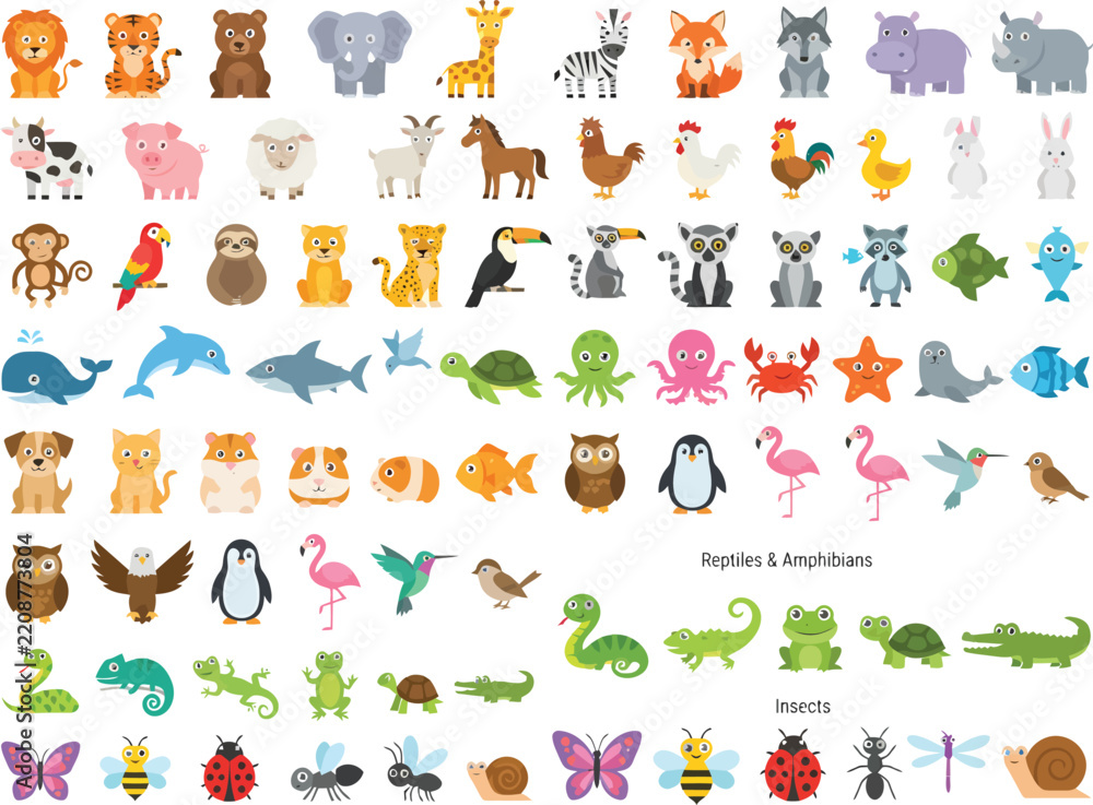 Obraz premium A comprehensive collection of cute cartoon animal illustrations for children.