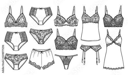 Hand drawn vector vector set of elegant lace lingerie underwear bras panties garter belt camisole nightwear fashion sketches on white background
