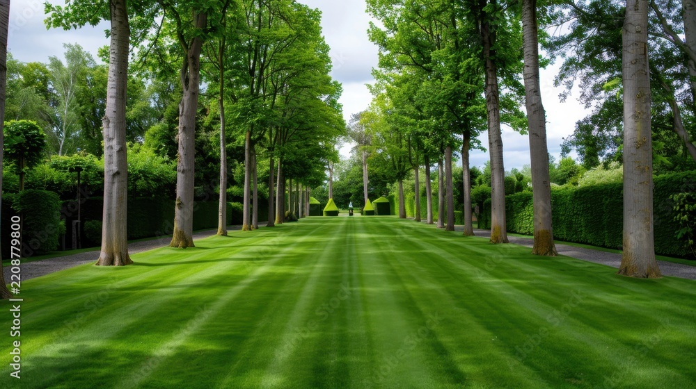 Obraz premium Serene Pathway Through Lush Green Trees and Well-Maintained Lawn in Bright Daylight