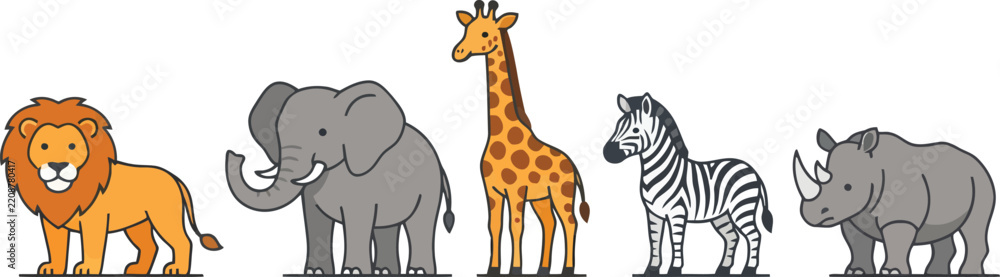 Obraz premium A collection of cute cartoon African safari animals standing in a row.