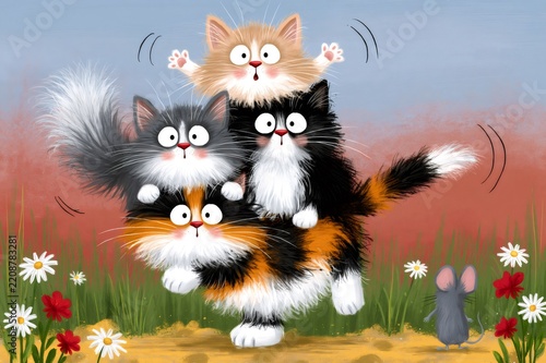 Three fluffy kittens balancing on each other watching a mouse