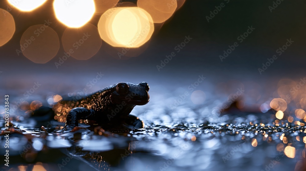 Obraz premium Small Black Salamander Sitting on Wet Ground with Bokeh Lights