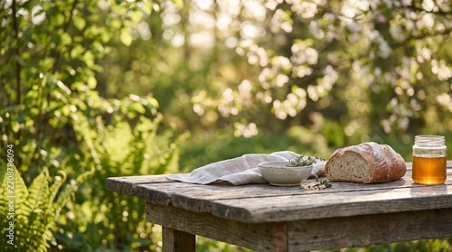 Rustic wooden tabletop with a loaf of bread, honey jar, and linen cloth in a spring orchard. Ideal for food blogs, recipe books, and farm store ads.