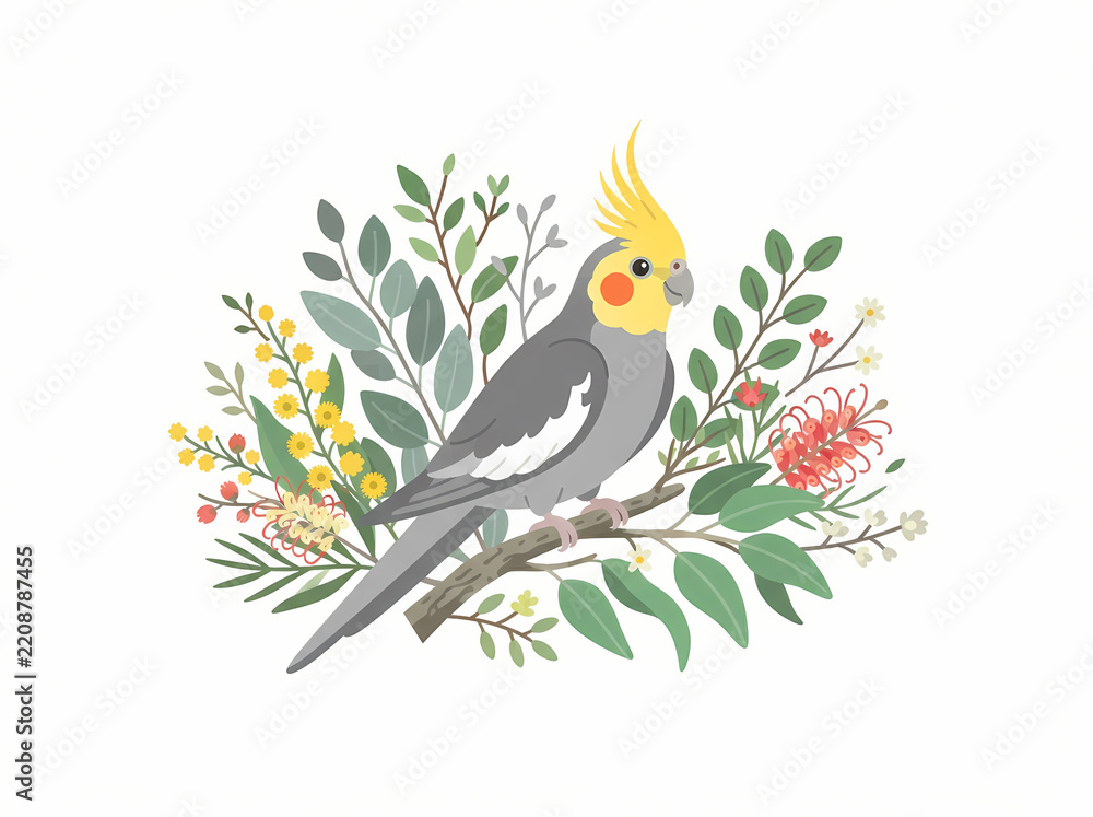 Fototapeta premium A detailed watercolor illustration of a grey cockatiel perched on a branch surrounded by foliage.