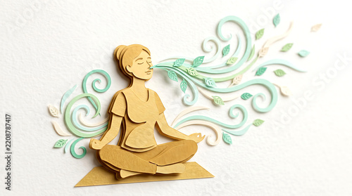Person practicing mindful breath with swirling leaf design. paper cutout illustration of meditation