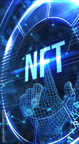 NFT Non-fungible token digital crypto on virtual screen. 3d illustration