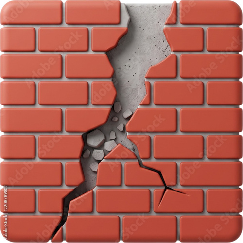 Cracked red brick wall icon. Red brick wall with a large crack for construction or repair use